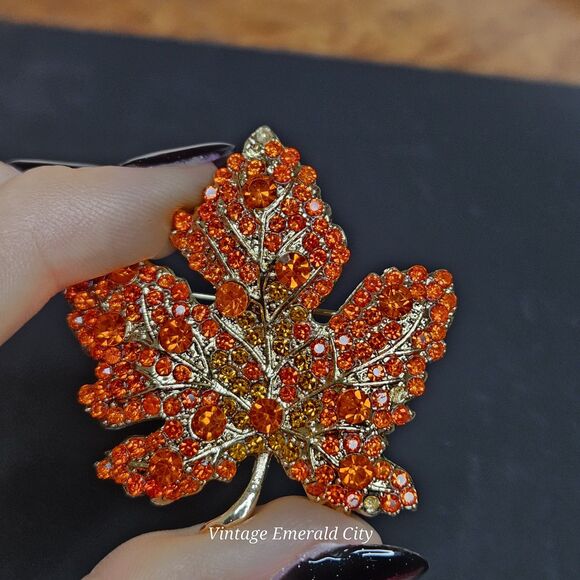 Maple Tree Leaf Brooch Orange Rhinestones Gold-Tone Autumn Pin Fall Warm Nature - Picture 4 of 12